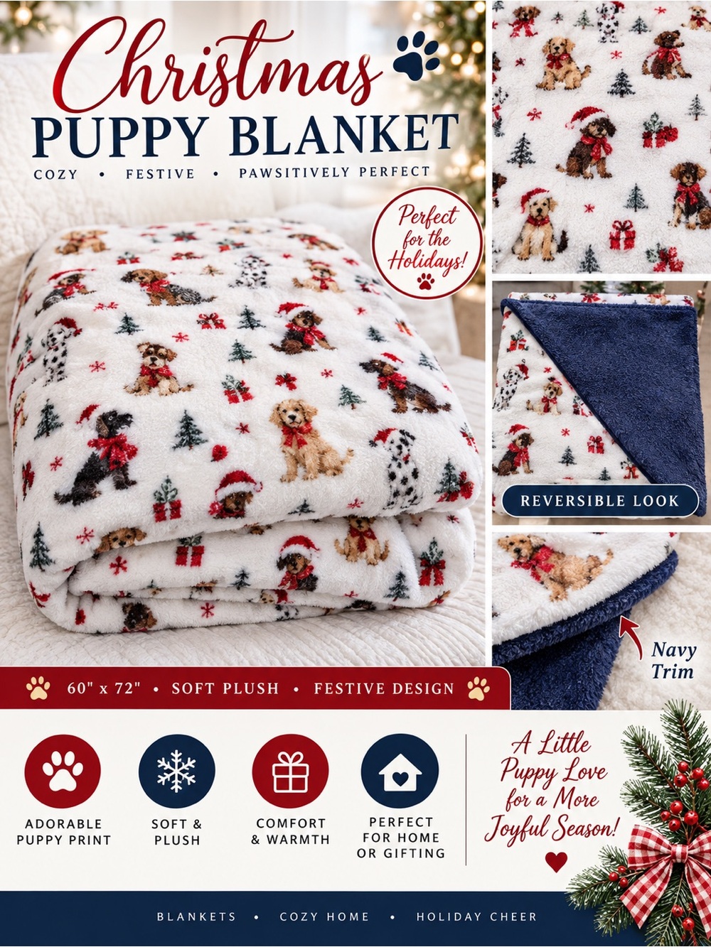 Member’s Mark Christmas Puppy Plush Blanket 60x72 White Red Navy